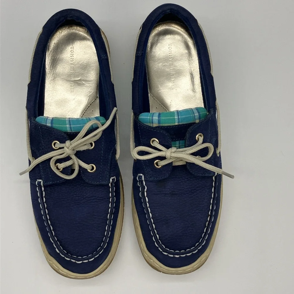 Tommy Hilfiger Navy Blue Plaid Boat Shoes‎ Womens 9.5 M Nautical Yacht Preppy